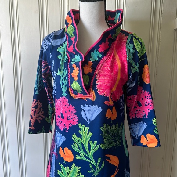 Gretchen Scott Ruffleneck Dress 3/4 Sleeve Size XXS Blue/Multi Colored - Picture 1 of 9